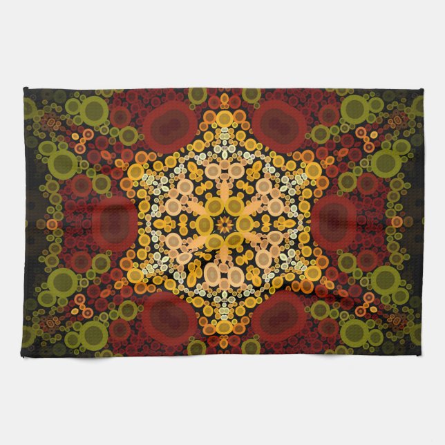 Linge De Cuisine Dot Mandala Fleur Jaune Rouge et Noir (Horizontal)