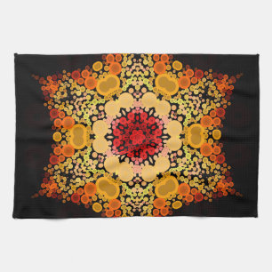 Linge De Cuisine Dot Mandala Fleur orange jaune et rouge