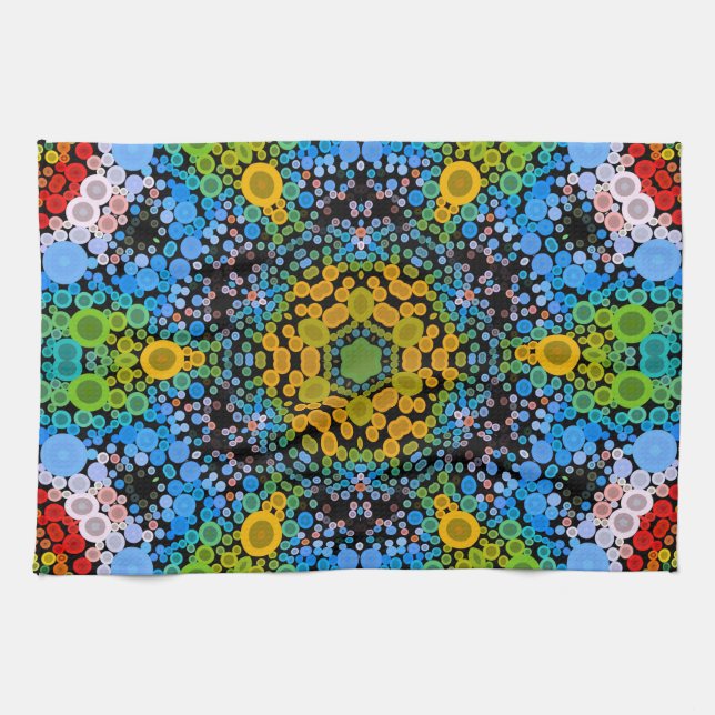 Linge De Cuisine Dot Mandala Flower bleu jaune et vert (Horizontal)
