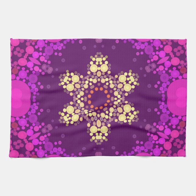 Linge De Cuisine Dot Mandala Flower rose et jaune (Horizontal)