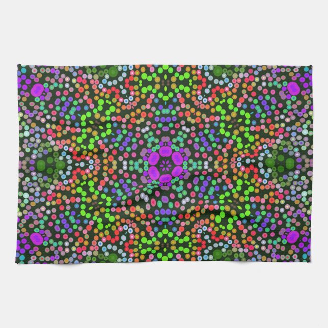 Linge De Cuisine Dot Mandala Flower vert violet et orange (Horizontal)