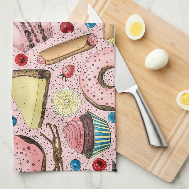 Linge De Cuisine Douceurs sur rose (Quart Plié)