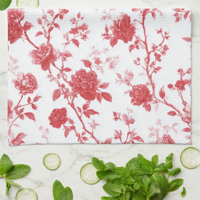 Linge De Cuisine Douche de Mariage Florale aux Roses Rouges (Plié)