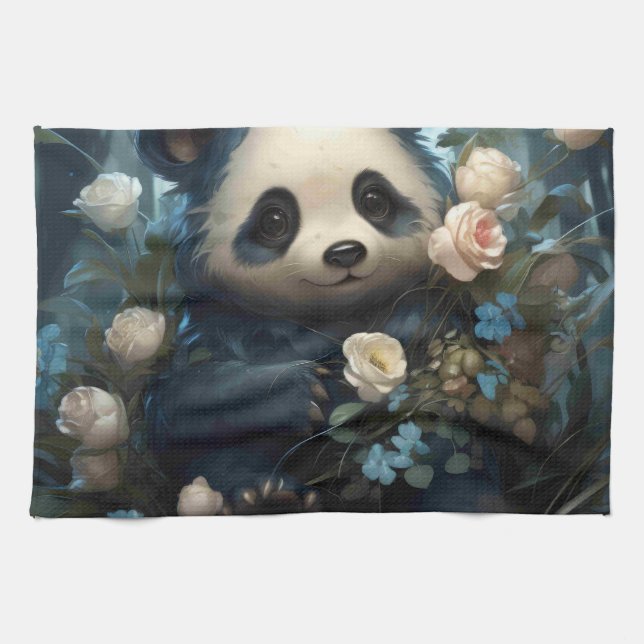 Linge De Cuisine Doux Ours De Panda Chez Les Roses De La Jungle (Horizontal)