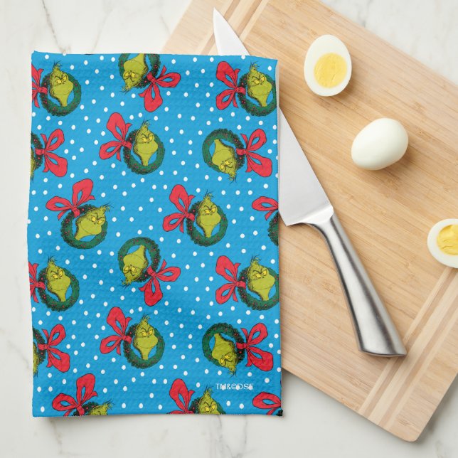 Linge De Cuisine Dr Seuss | Grinch | Motif de couronne de Noël (Quart Plié)