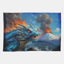 Dragon bleu chinois et volcan
