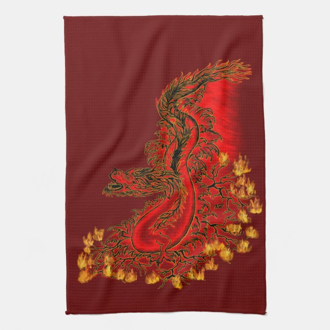 Linge De Cuisine Dragon chinois dessin rouge et or (Vertical)