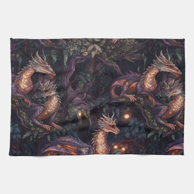 Linge De Cuisine Dragons pourpres perchés dans les arbres (Horizontal)