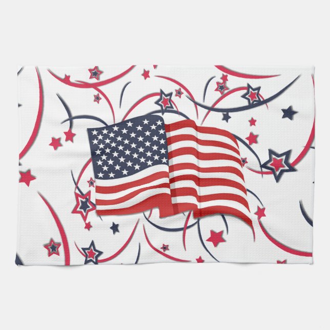 Linge De Cuisine Drapeau américain et feux d'artifice (Horizontal)
