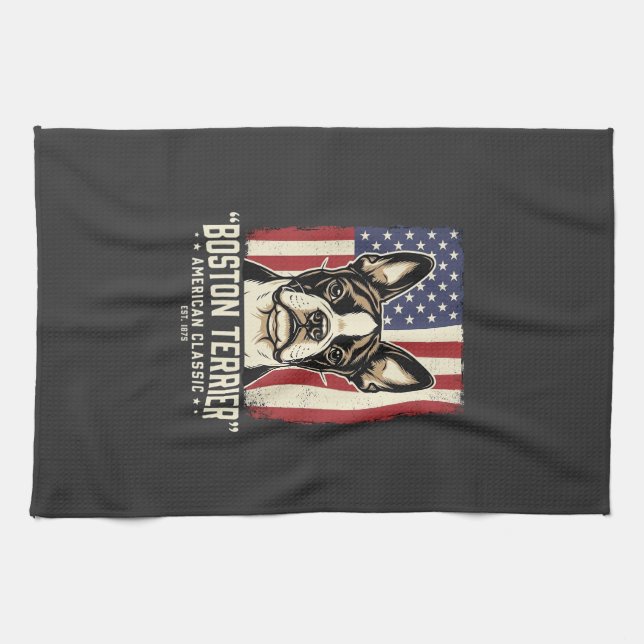 Linge De Cuisine Drapeau Classique Américain Boston Terrier (Horizontal)