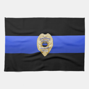 Linge De Cuisine Drapeau et badge de la fine ligne bleue