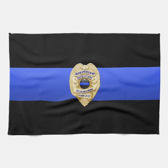 Linge De Cuisine Drapeau et badge de la fine ligne bleue (Horizontal)