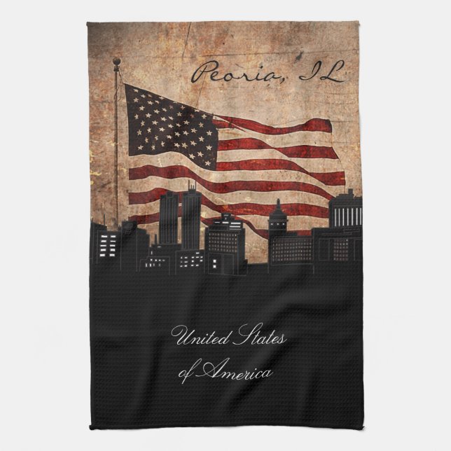 Linge De Cuisine Drapeau Russe Américain Peoria, Illinois Skyline (Vertical)