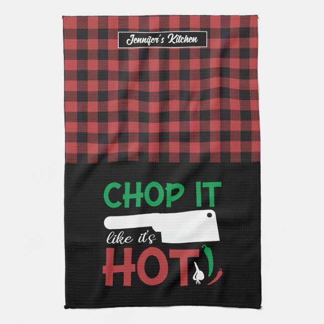 Linge De Cuisine Drôle Cuisine Pun Chop It Like It's Hot Red Plaid (Vertical)