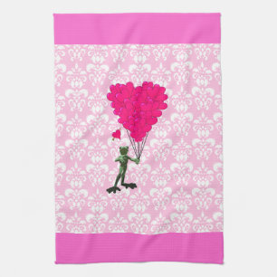 Linge De Cuisine Drôle dessin de grenouille & coeur rose sur damask