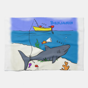 Linge De Cuisine Drôle requin couché et dessin animé de pêche