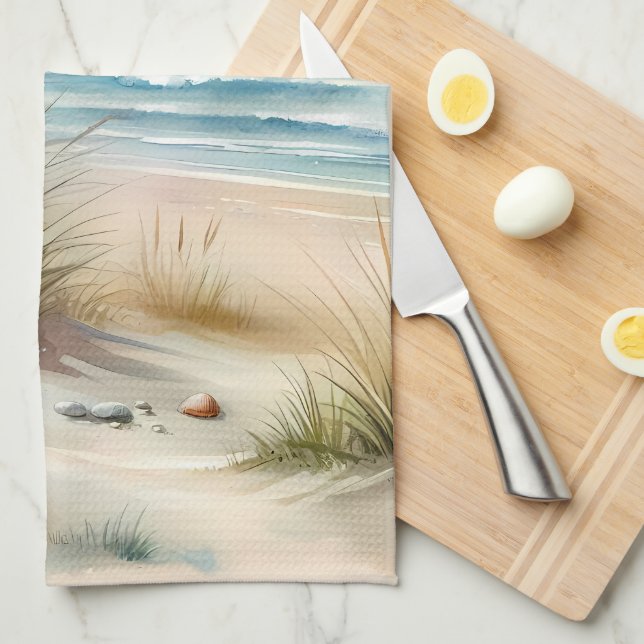 Linge De Cuisine Dunes Côtières Pastel à l'Aquarelle (Quart Plié)