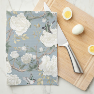 Linge De Cuisine Dusty Blue White Chinoiserie Floral Porcelaine