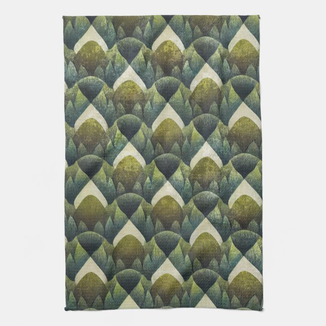 Linge De Cuisine Earthy Green Art Deco Fan Pattern (5) (Vertical)