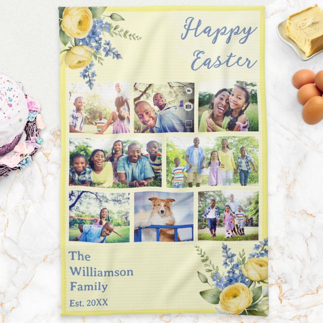 Linge De Cuisine Easter Family Photo Collage Spring Flowers Yellow (A pretty yellow Easter kitchen towel with multi photo collage, custom family name and Spring flowers)