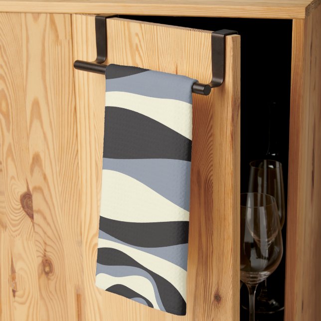 Linge De Cuisine Ebb et flux 4 en noir, gris et crème (Pliage en tiers)