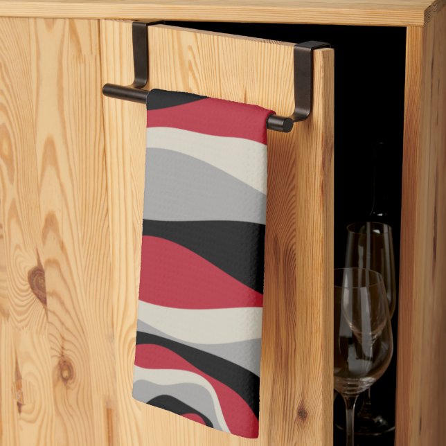 Linge De Cuisine Ebb et flux 4 - Rouge, gris, noir et blanc os (Pliage en tiers)