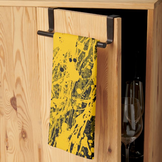 Linge De Cuisine Éclaboussures de peinture noire et jaune (Pliage en tiers)
