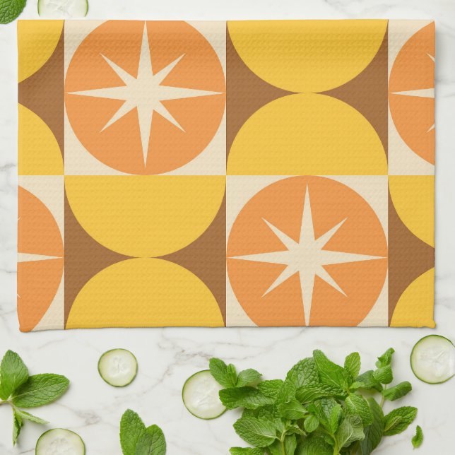 Linge De Cuisine Éclats de milieu de siècle sur des cercles orange  (Plié)
