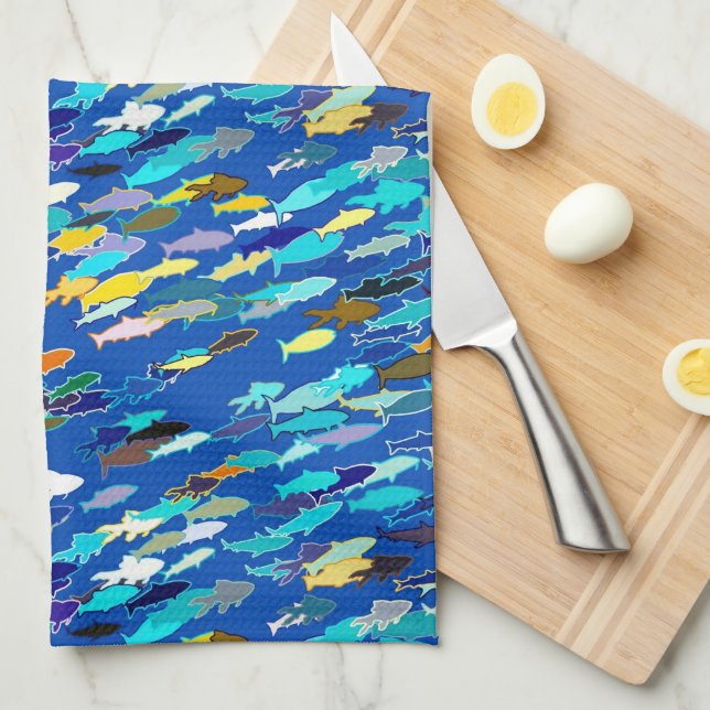 Linge De Cuisine École de poisson, bleu foncé, blanc et turquoise (Quart Plié)