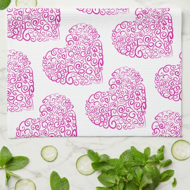 Linge De Cuisine Écriture spirale coeur rose pour la Saint Valentin (Plié)