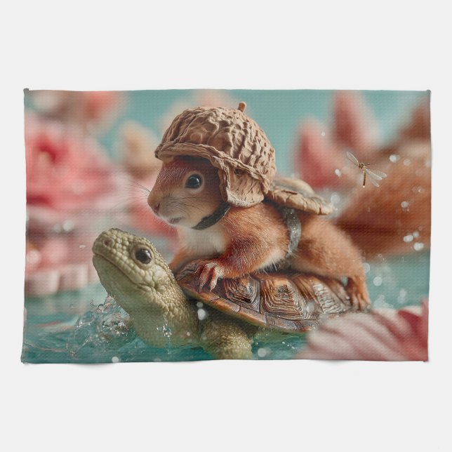 Linge De Cuisine Écureuil géant chevauchant une tortue (Horizontal)