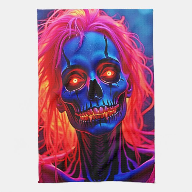 Linge De Cuisine Eerie Skeleton avec conception de cheveux roses (Vertical)
