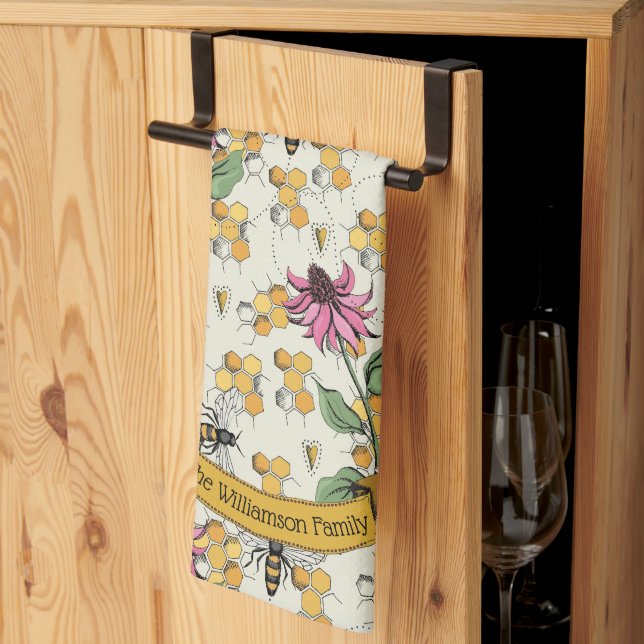 Linge De Cuisine Élégant Agritourisme Bee & Honeycomb Nom de famill (Pliage en tiers)