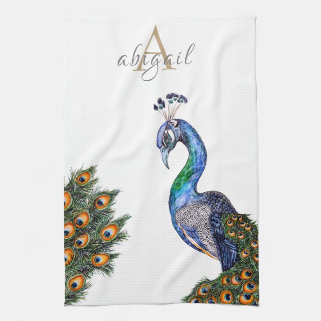 Linge De Cuisine Élégant aquarelle Peacock Monogramme (Vertical)