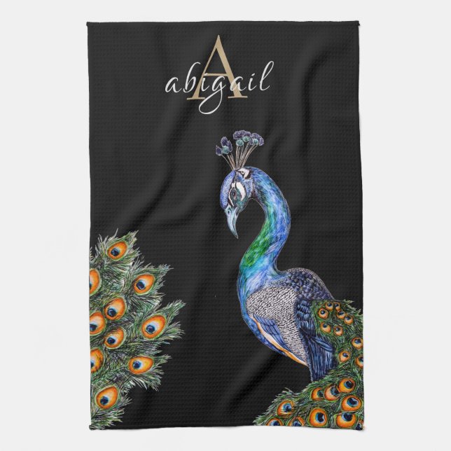 Linge De Cuisine Élégant aquarelle Peacock Monogramme (Vertical)