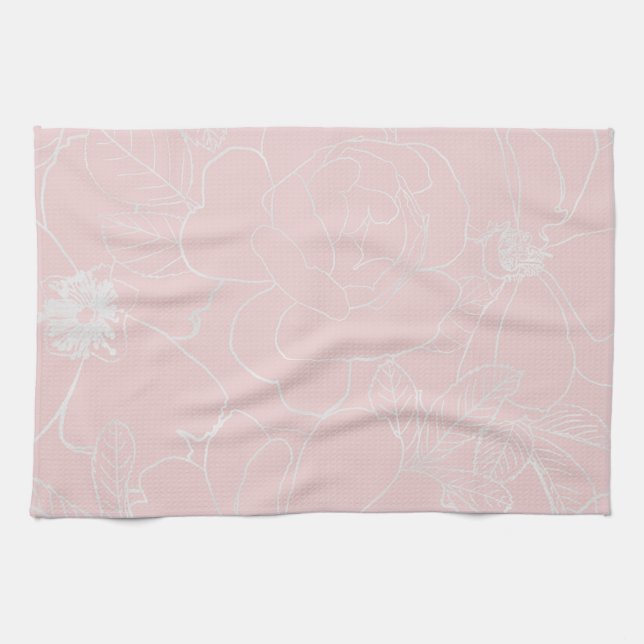 Linge De Cuisine Elégant Argent Rose Floral Dessin Rose Design (Horizontal)