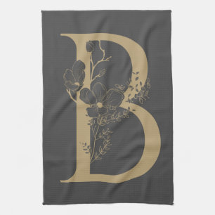 Linge De Cuisine Élégant B Boho Floral Monogramme initial Gris Or