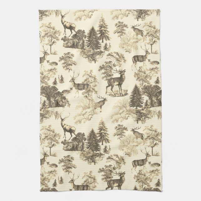 Linge De Cuisine Elégant Beige Country Toile Deer dans le bois (Vertical)