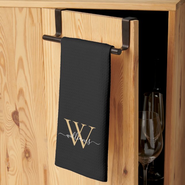 Linge De Cuisine Elegant Black Gold Custom Monogram Script Name (Pliage en tiers)