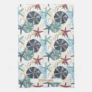 Linge De Cuisine Elégant bleu et or Océan Motif trésors