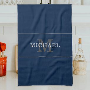 Linge De Cuisine Élégant Bleu Nuit Argent Monogramme Nom Personnali