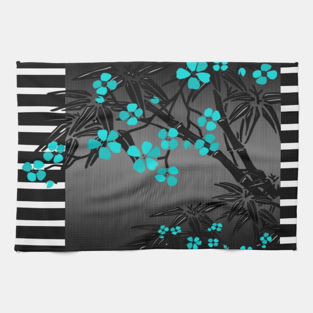 Linge De Cuisine Élégant bleu Turquoise en fleur noir asiatique Bam (Horizontal)
