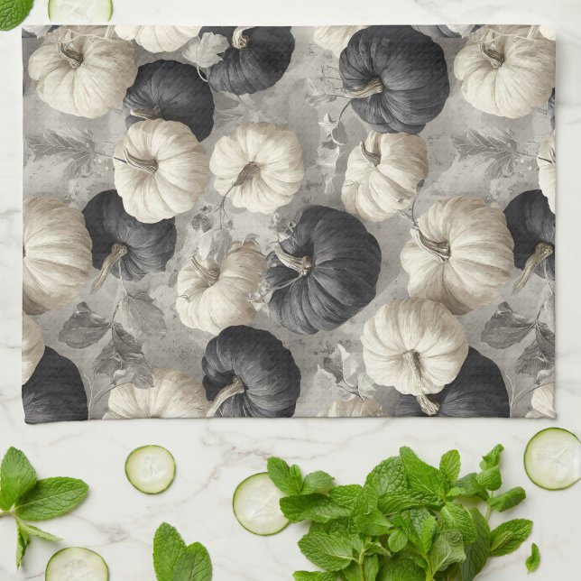 Linge De Cuisine Élégant Citrouille noir et blanc (Plié)
