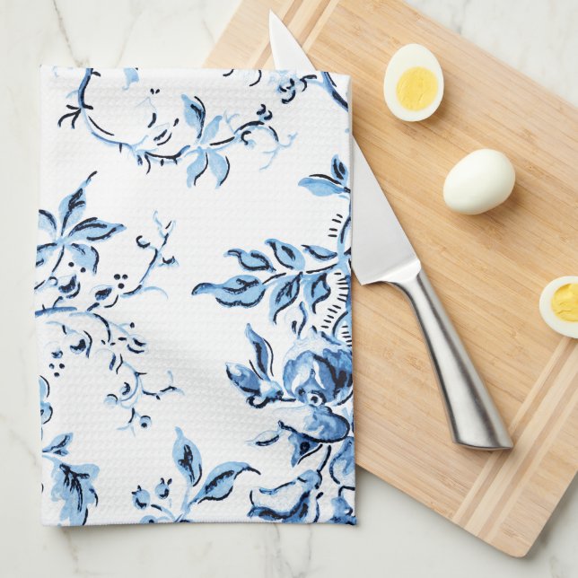 Linge De Cuisine Elegant Delft Blue et White Floral (Quart Plié)