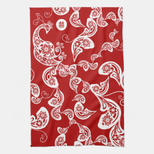 Linge De Cuisine Élégant élégant chic de paon floral rouge de