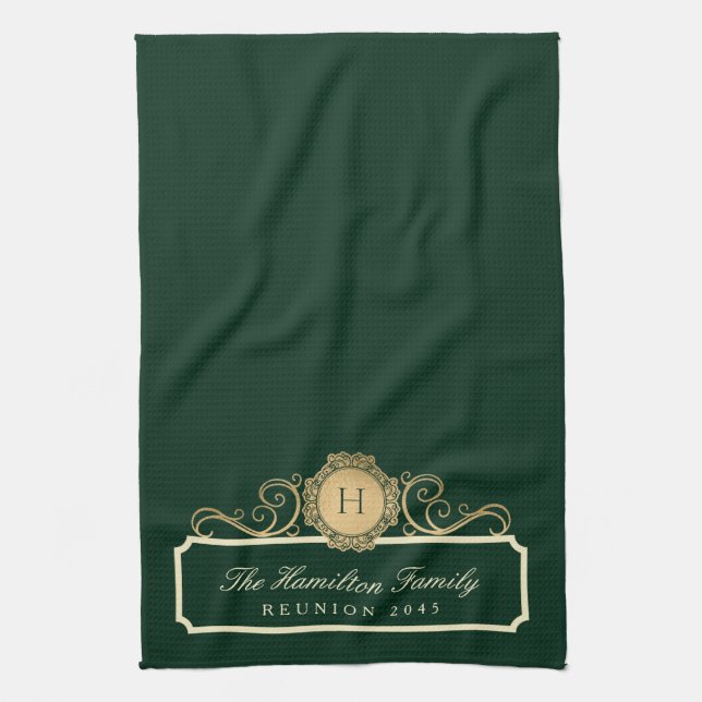 Linge De Cuisine Élégant Famille Reunion Gold Monogramme Vert (Vertical)