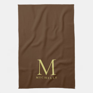 Linge De Cuisine Élégant Faux Gold Monogramme Nom Modèle Brown