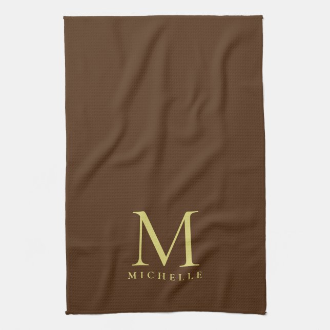 Linge De Cuisine Élégant Faux Gold Monogramme Nom Modèle Brown (Vertical)