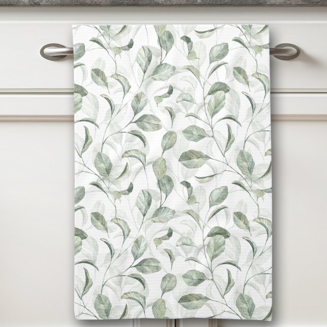 Linge De Cuisine Élégant Feuille d'aquarelle Motif Sage (Elegant Sage Green Leaves Watercolor Pattern Kitchen Towel)