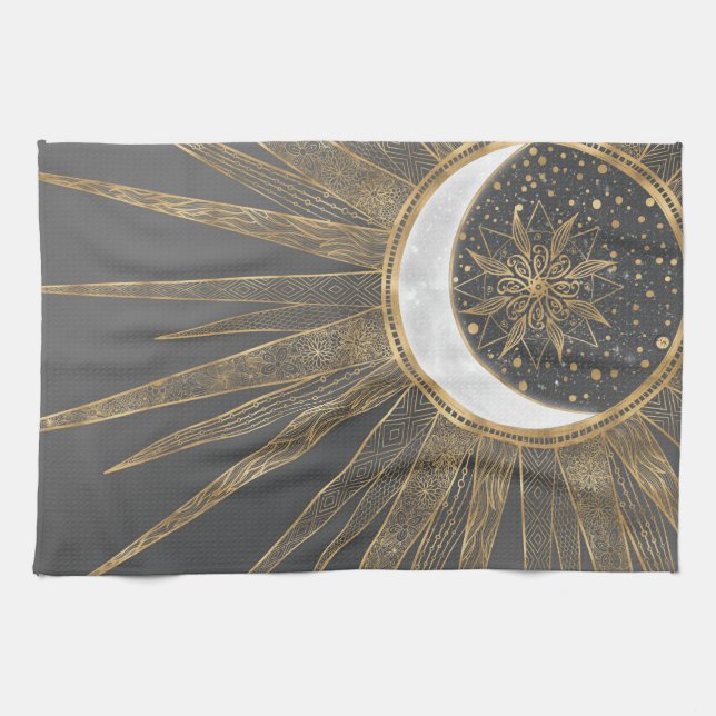 Linge De Cuisine Elegant Gold Doodles Sun Moon Mandala Design (Horizontal)